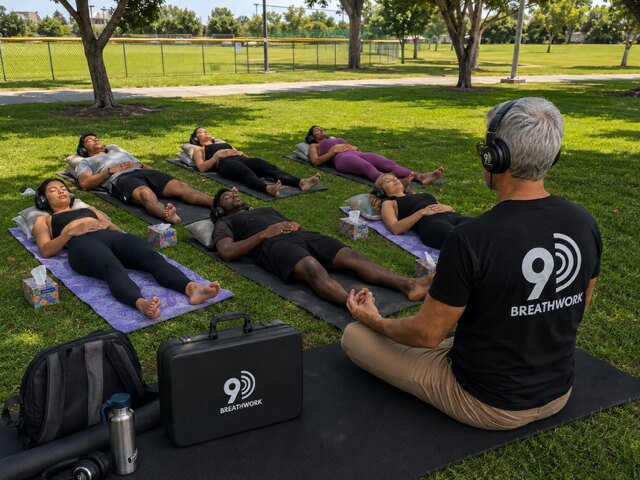 Edwin guiding a group 9D Breathwork session in the park